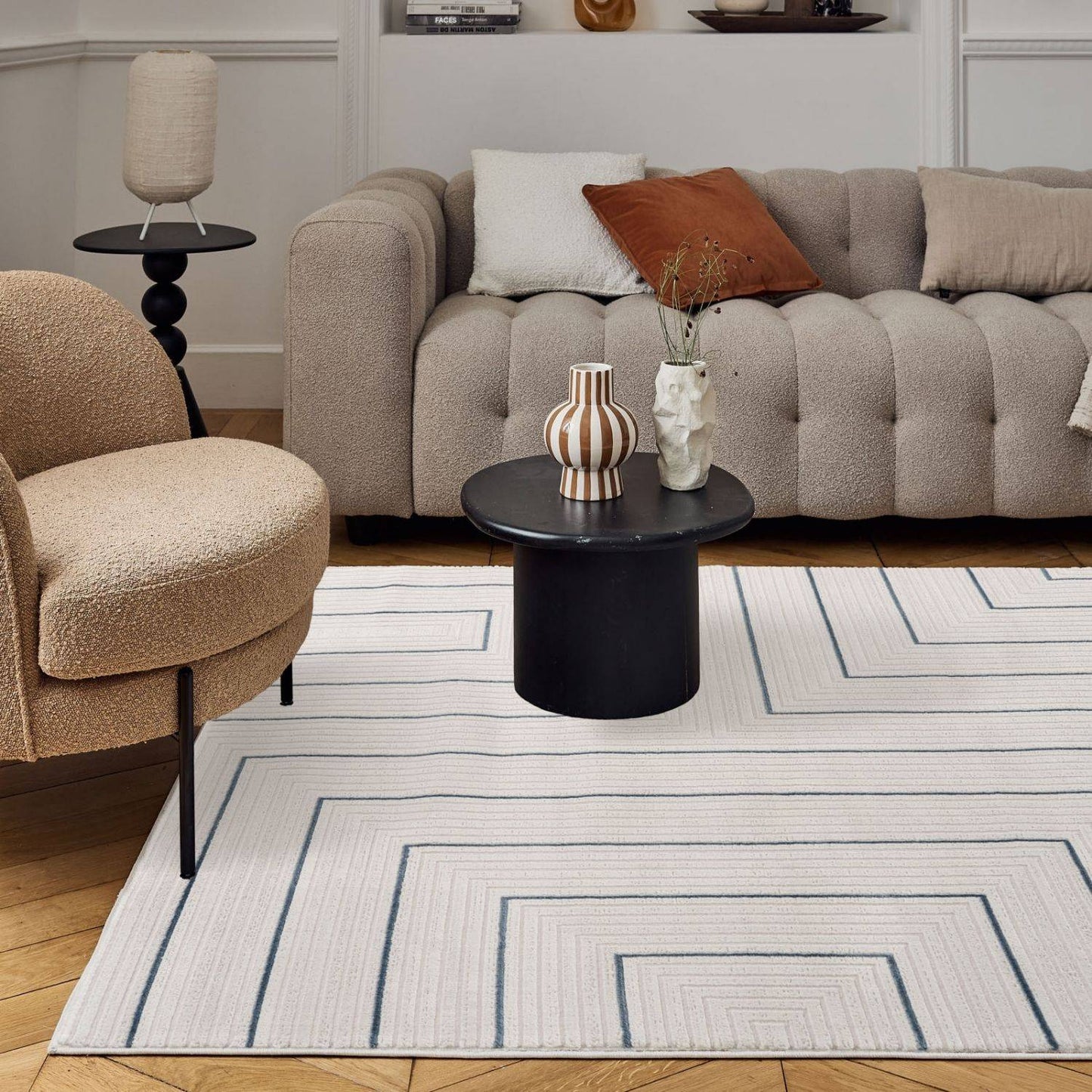 Carmel Cream-Blue Geometric Rug | 6040