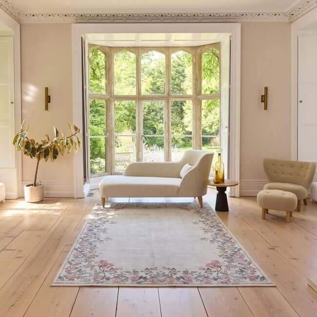 Eco-Washable Cream Rug Flower Design
