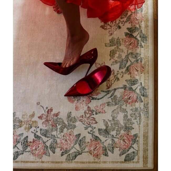 Eco-Washable Cream Rug Flower Design