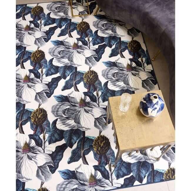 Eco-Washable Blue Rug Floral Design