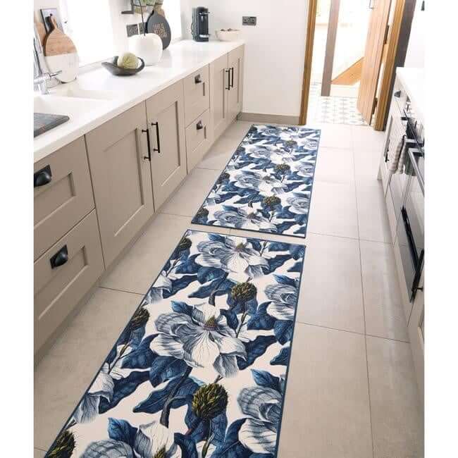 Eco-Washable Blue Rug Floral Design