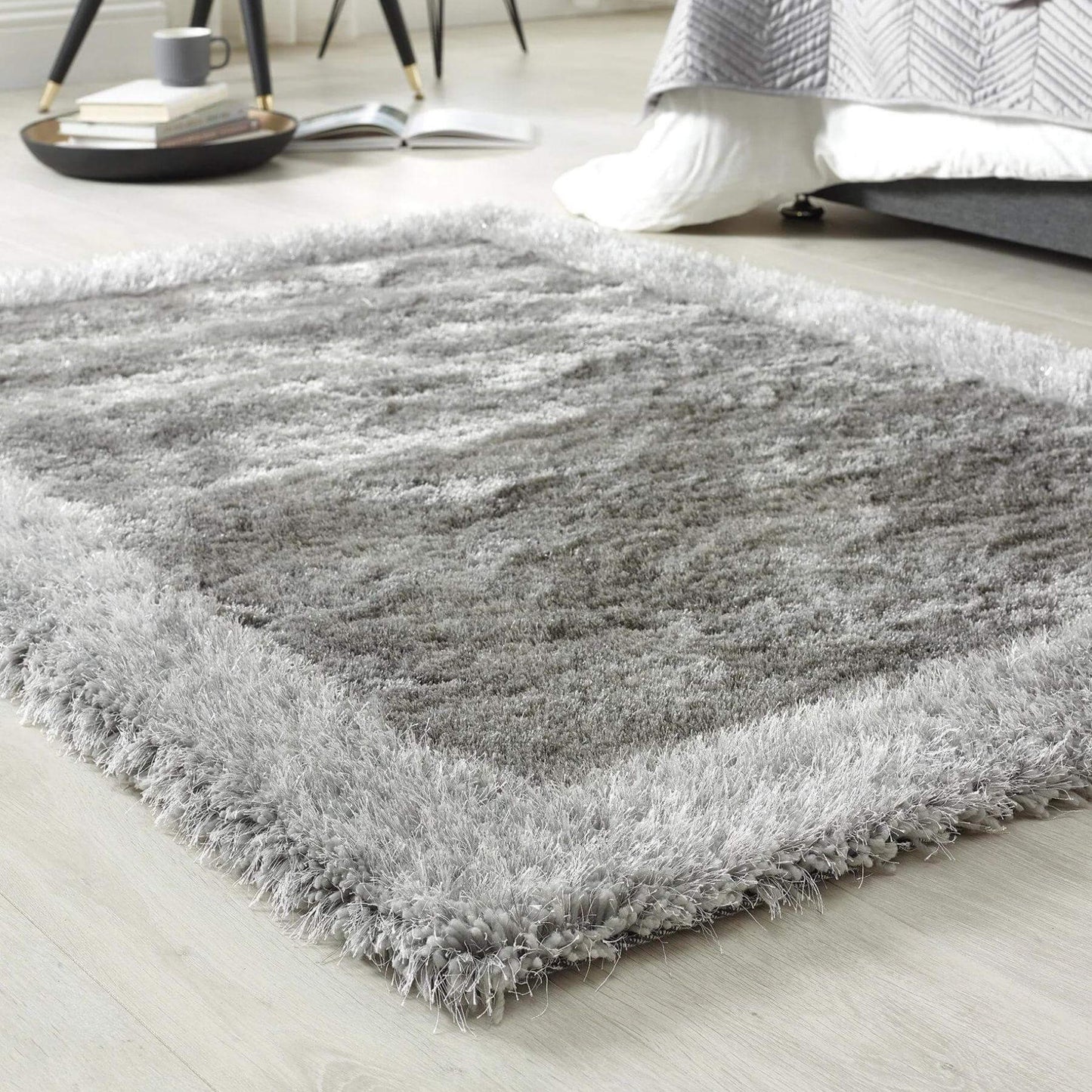 Shimmer Silver Grey Bordered Shaggy Rug